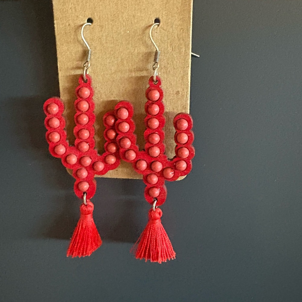 Vibrant Red Beaded Cactus Dangle Earrings